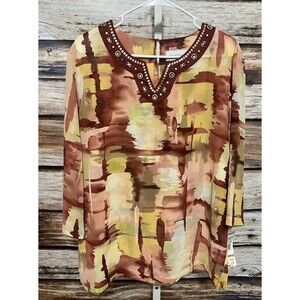 Alfred Dunner Women’s Top Size 12 Beaded Neckline Burgundy Yellow New